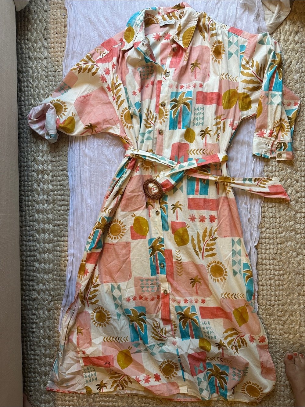 Dress Forum Tropical Print Midi Shirt Dress in Coral, Teal & Mustard